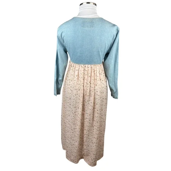 Vtg 90s Express Prairie Dress Denim Bodice Floral Maxi Cottagecore Coquette M - Picture 12 of 15
